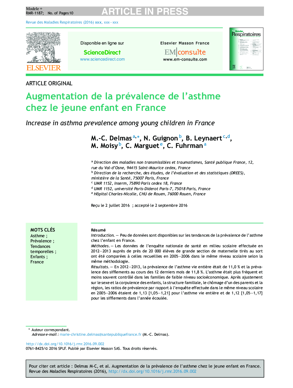 Augmentation de la prévalence de l'asthme chez le jeune enfant en France