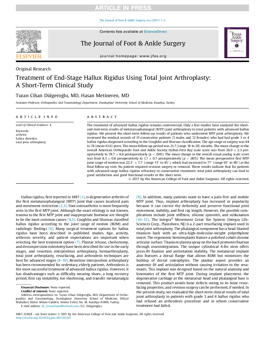 Treatment of End-Stage Hallux Rigidus Using Total Joint Arthroplasty: A Short-Term Clinical Study