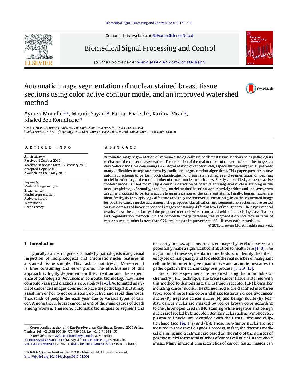 Automatic image segmentation of nuclear stained breast tissue sections using color active contour model and an improved watershed method