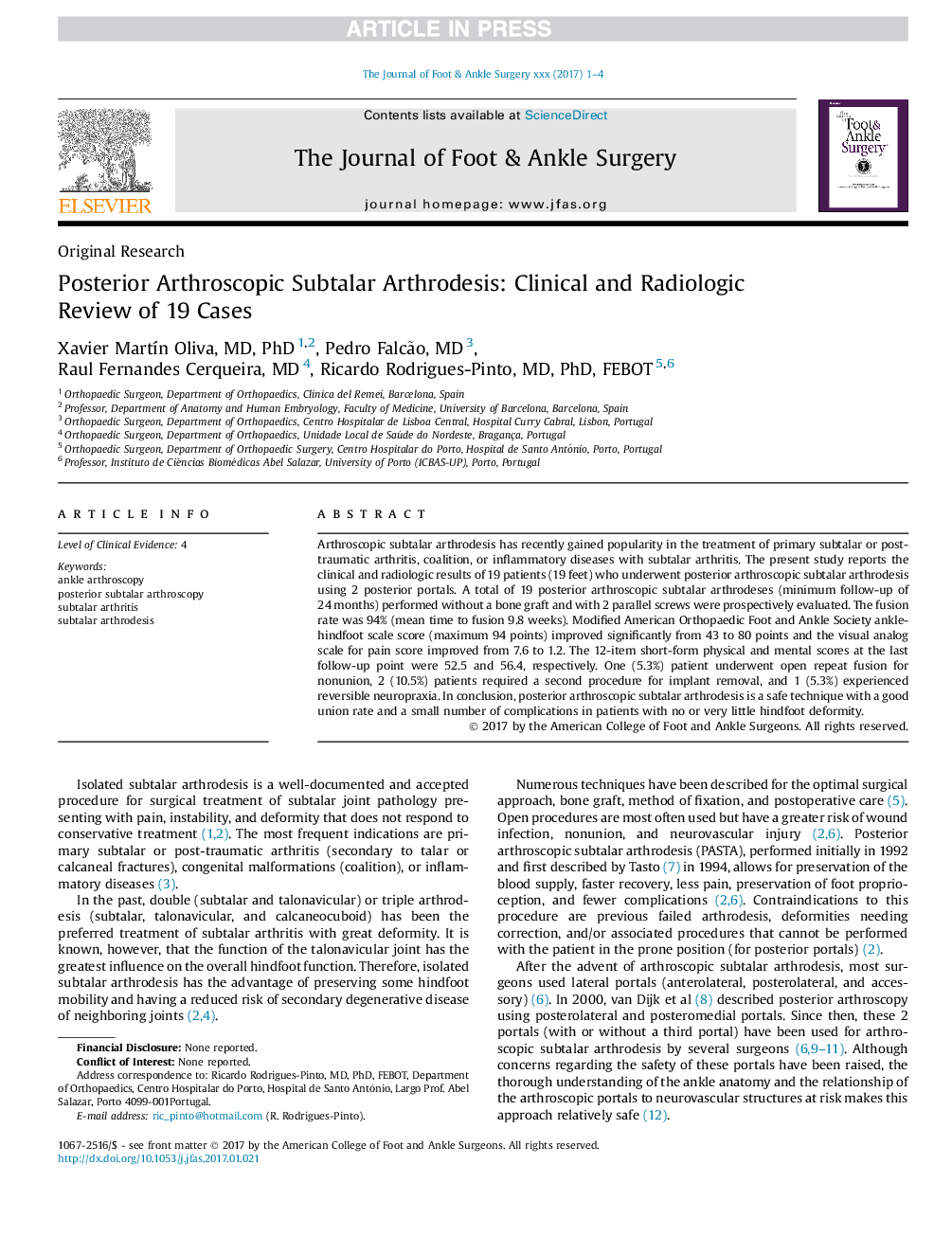 Posterior Arthroscopic Subtalar Arthrodesis: Clinical and Radiologic Review of 19 Cases