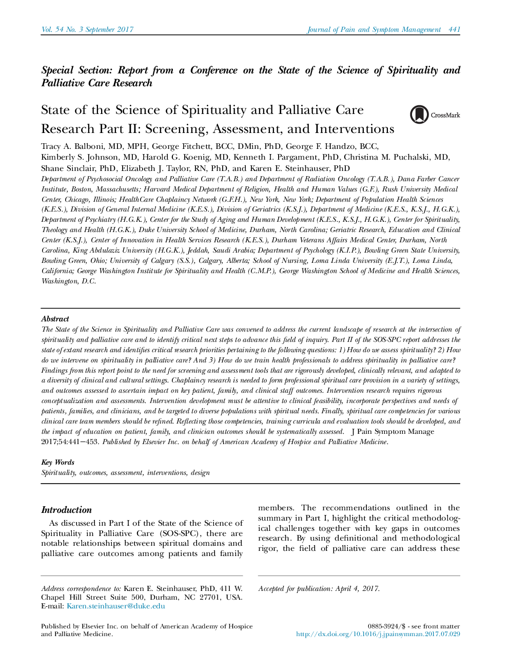 State of the Science of Spirituality and Palliative Care Research Part II: Screening, Assessment, and Interventions