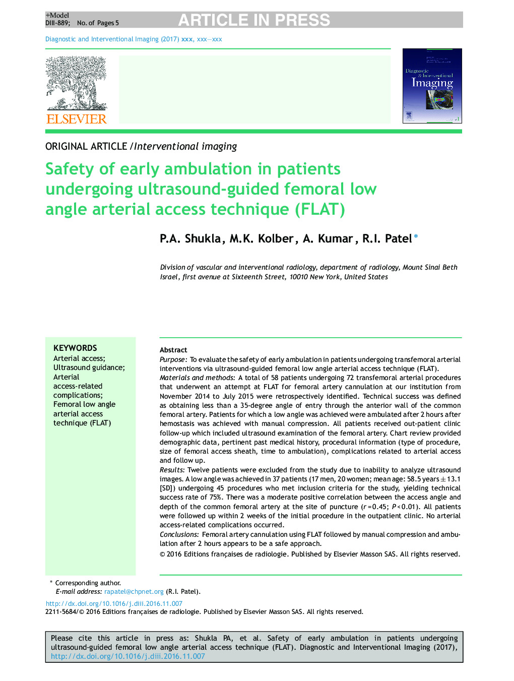 Safety of early ambulation in patients undergoing ultrasound-guided femoral low angle arterial access technique (FLAT)