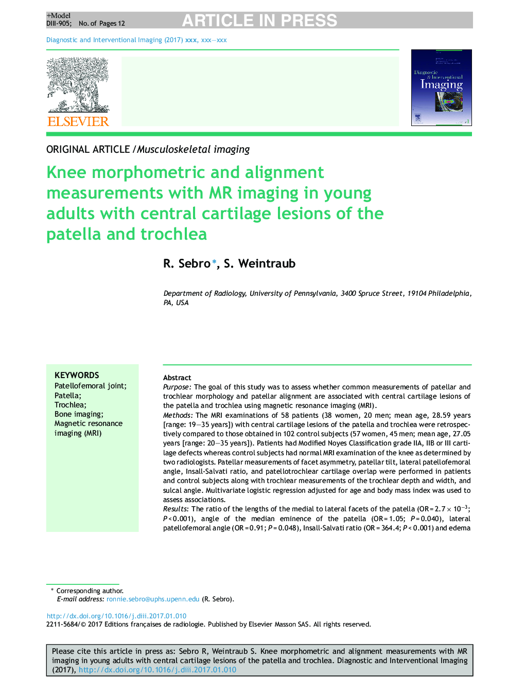 Knee morphometric and alignment measurements with MR imaging in young adults with central cartilage lesions of the patella and trochlea