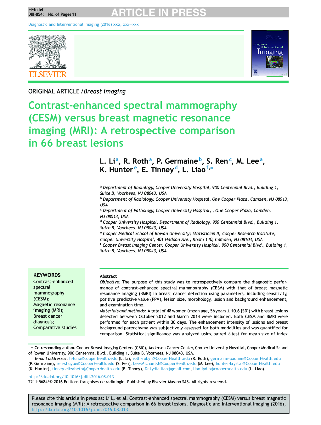 Contrast-enhanced spectral mammography (CESM) versus breast magnetic resonance imaging (MRI): A retrospective comparison in 66 breast lesions