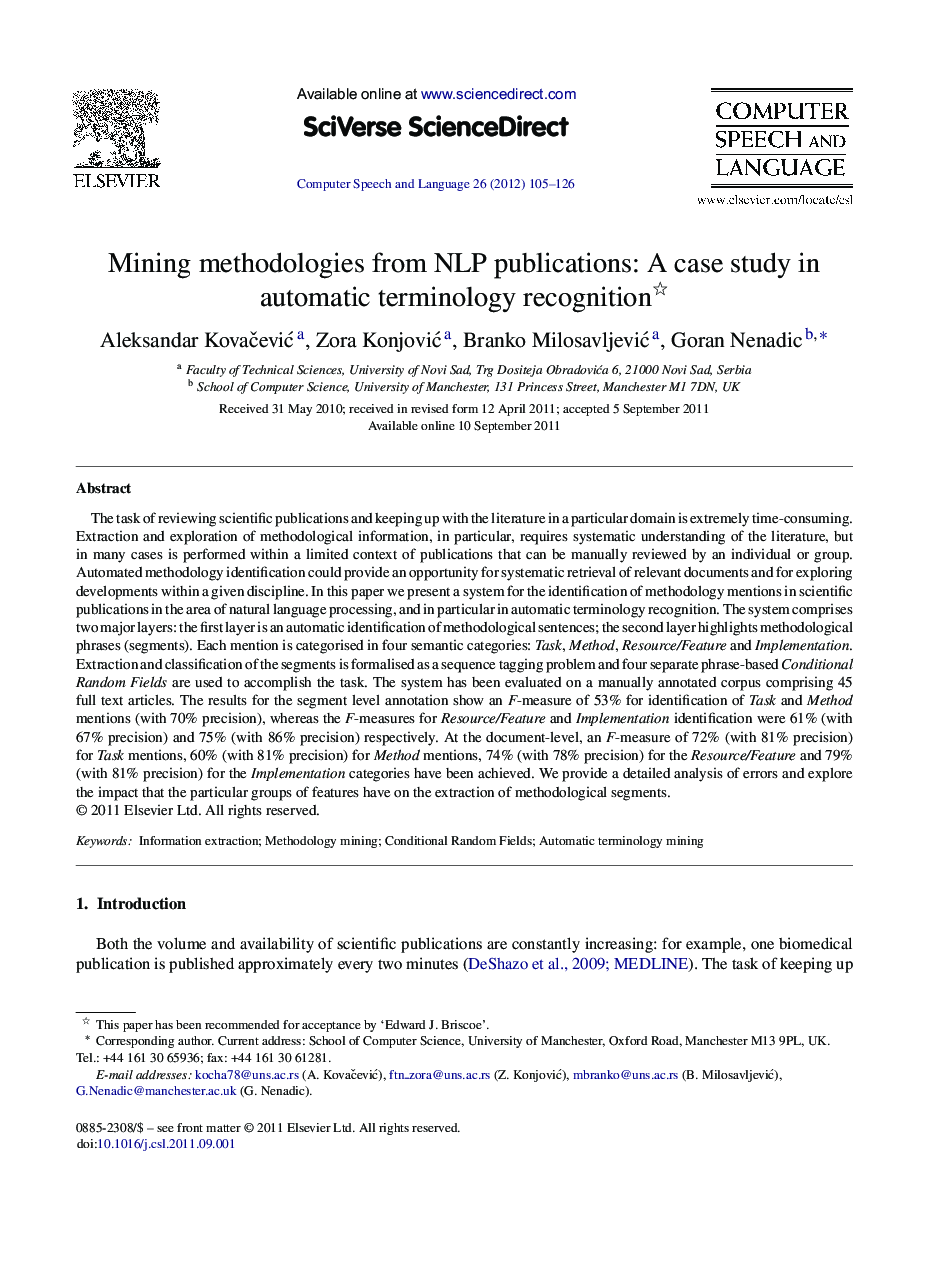 Mining methodologies from NLP publications: A case study in automatic terminology recognition 