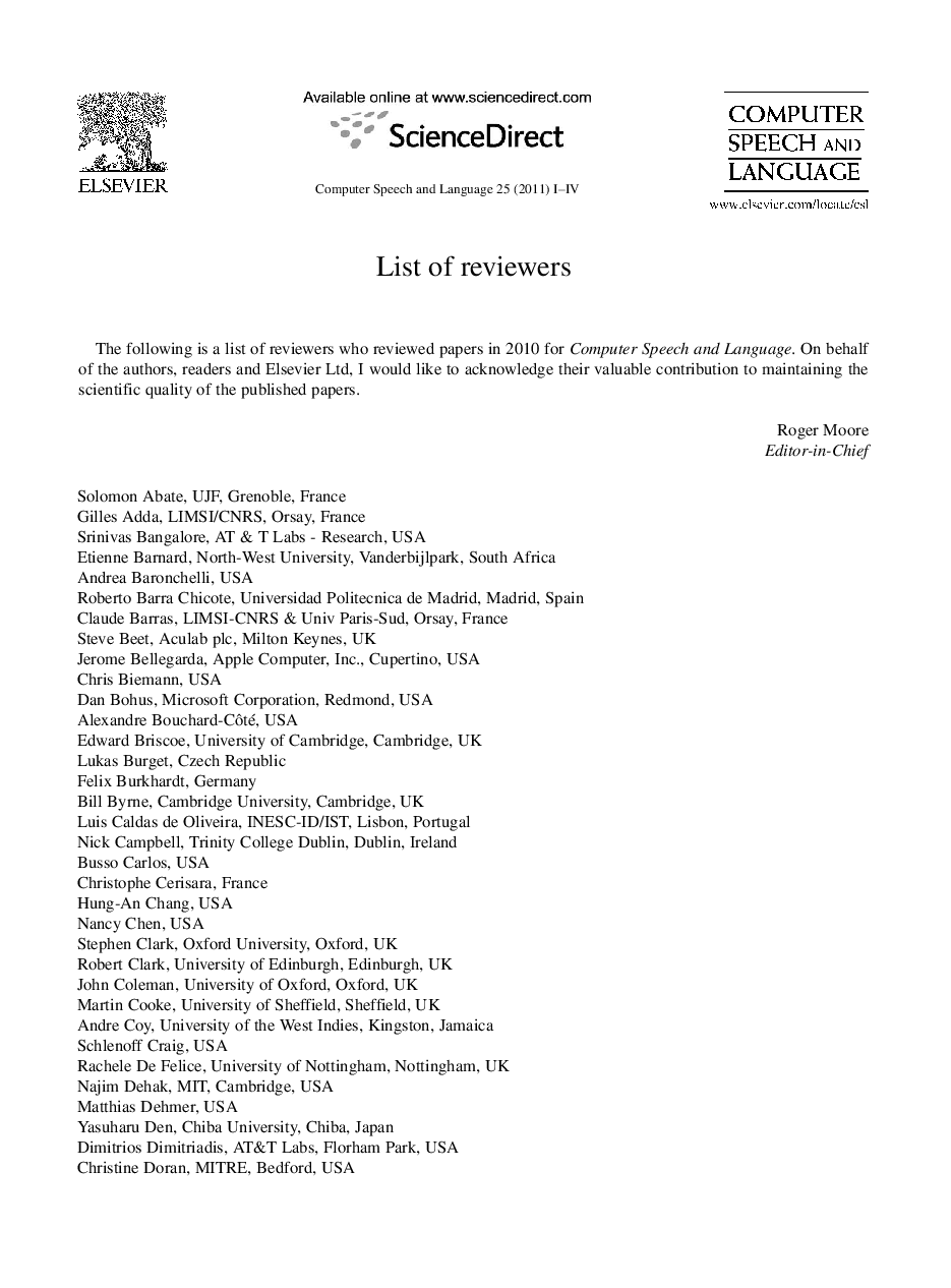 Reviewer Acknowledgement 2010
