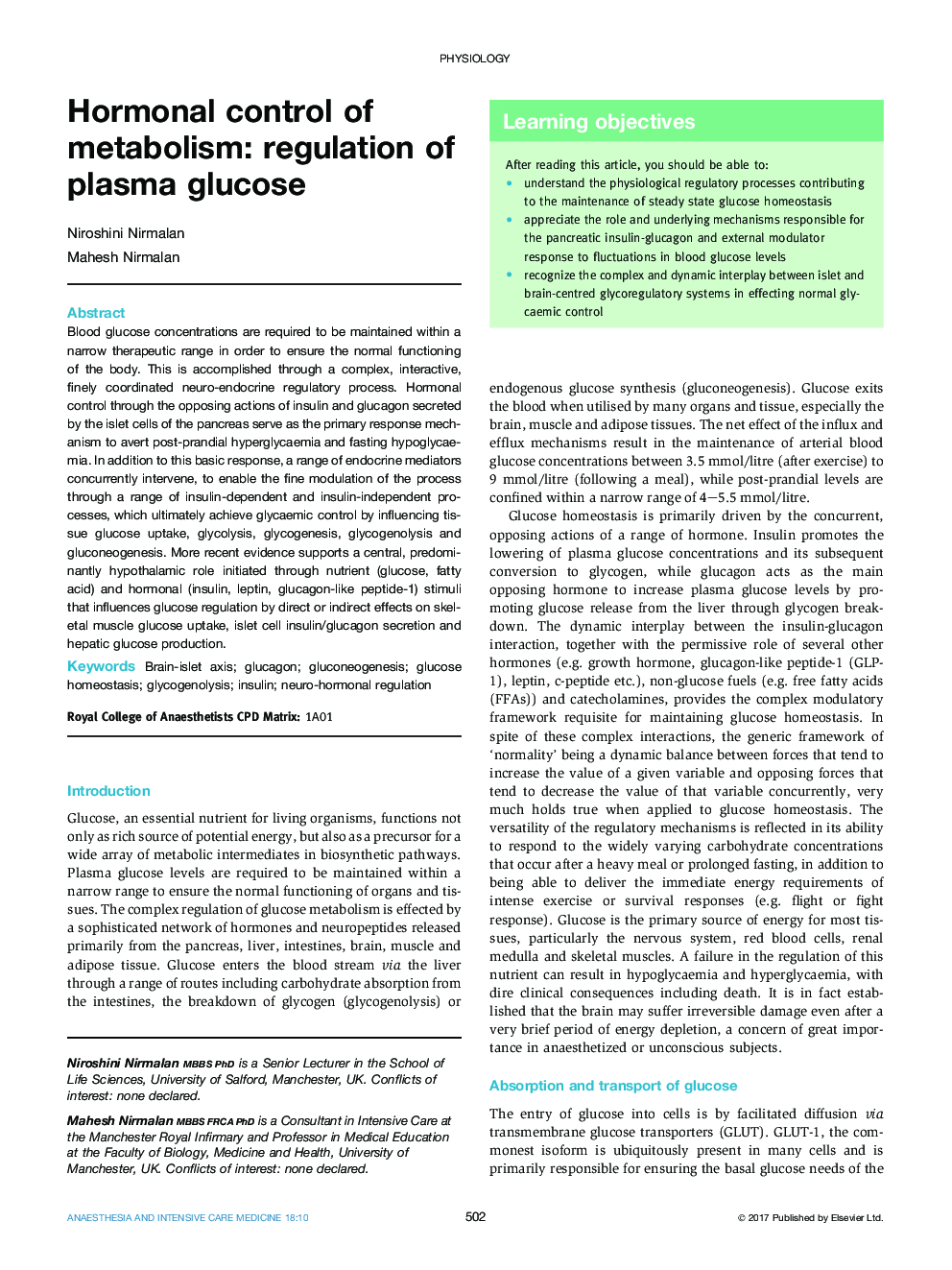 کنترل هورمون متابولیسم: تنظیم گلوکز پلاسما 