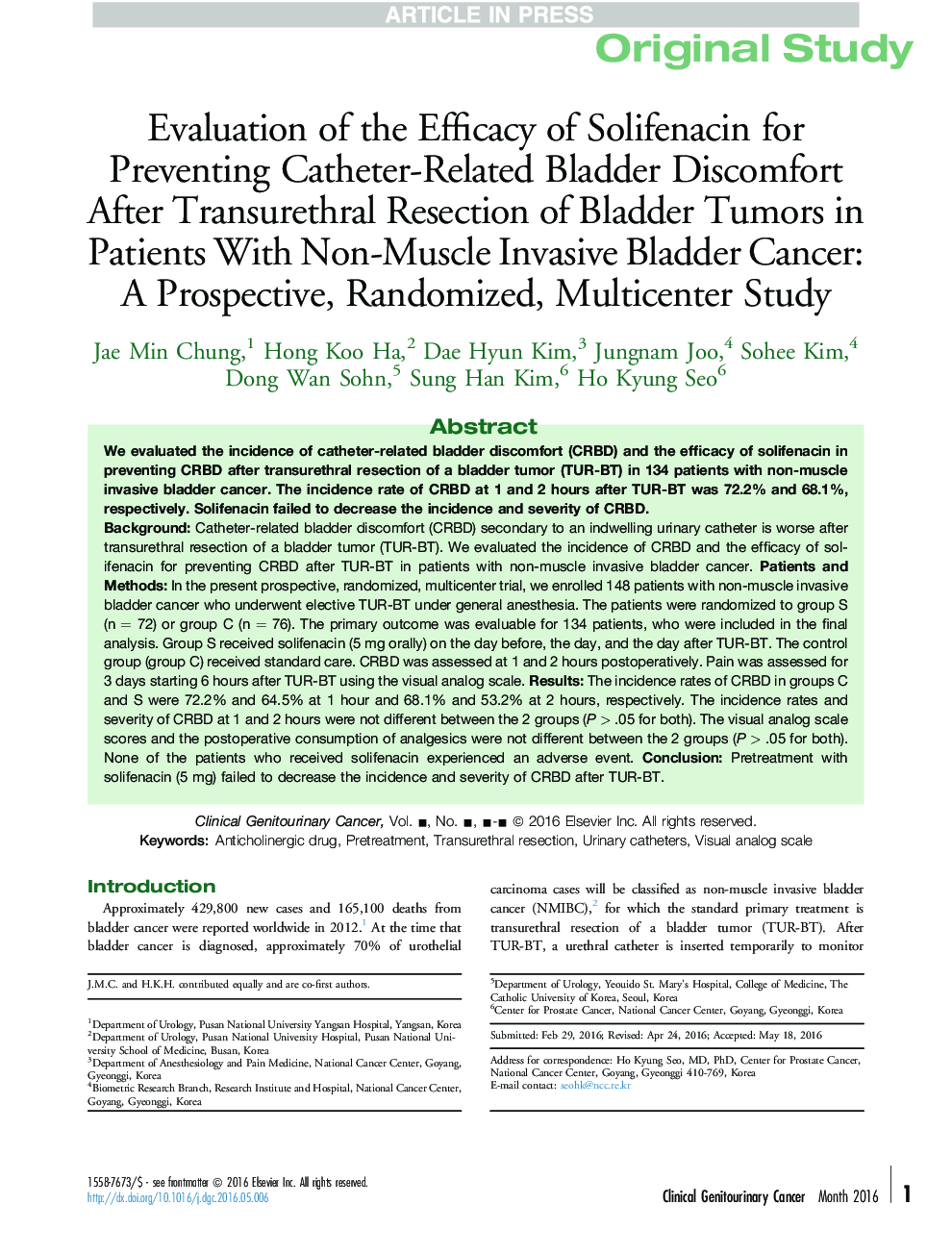 Evaluation of the Efficacy of Solifenacin for Preventing Catheter-Related Bladder Discomfort After Transurethral Resection of Bladder Tumors in Patients With Non-Muscle Invasive Bladder Cancer: A Prospective, Randomized, Multicenter Study
