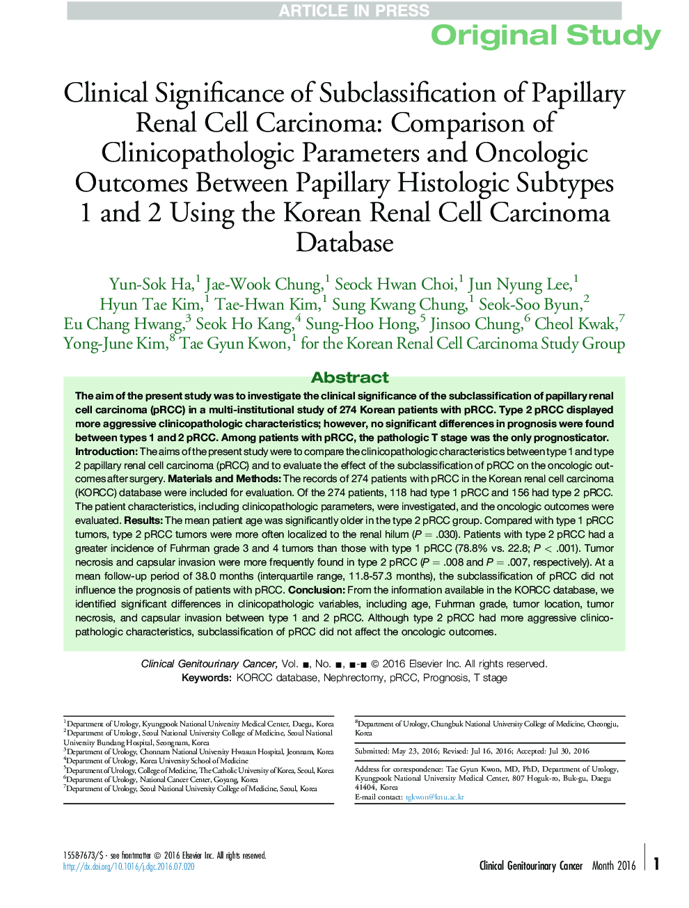 Clinical Significance of Subclassification of Papillary Renal Cell Carcinoma: Comparison of Clinicopathologic Parameters and Oncologic Outcomes Between Papillary Histologic Subtypes 1Â and 2 Using the Korean Renal Cell Carcinoma Database