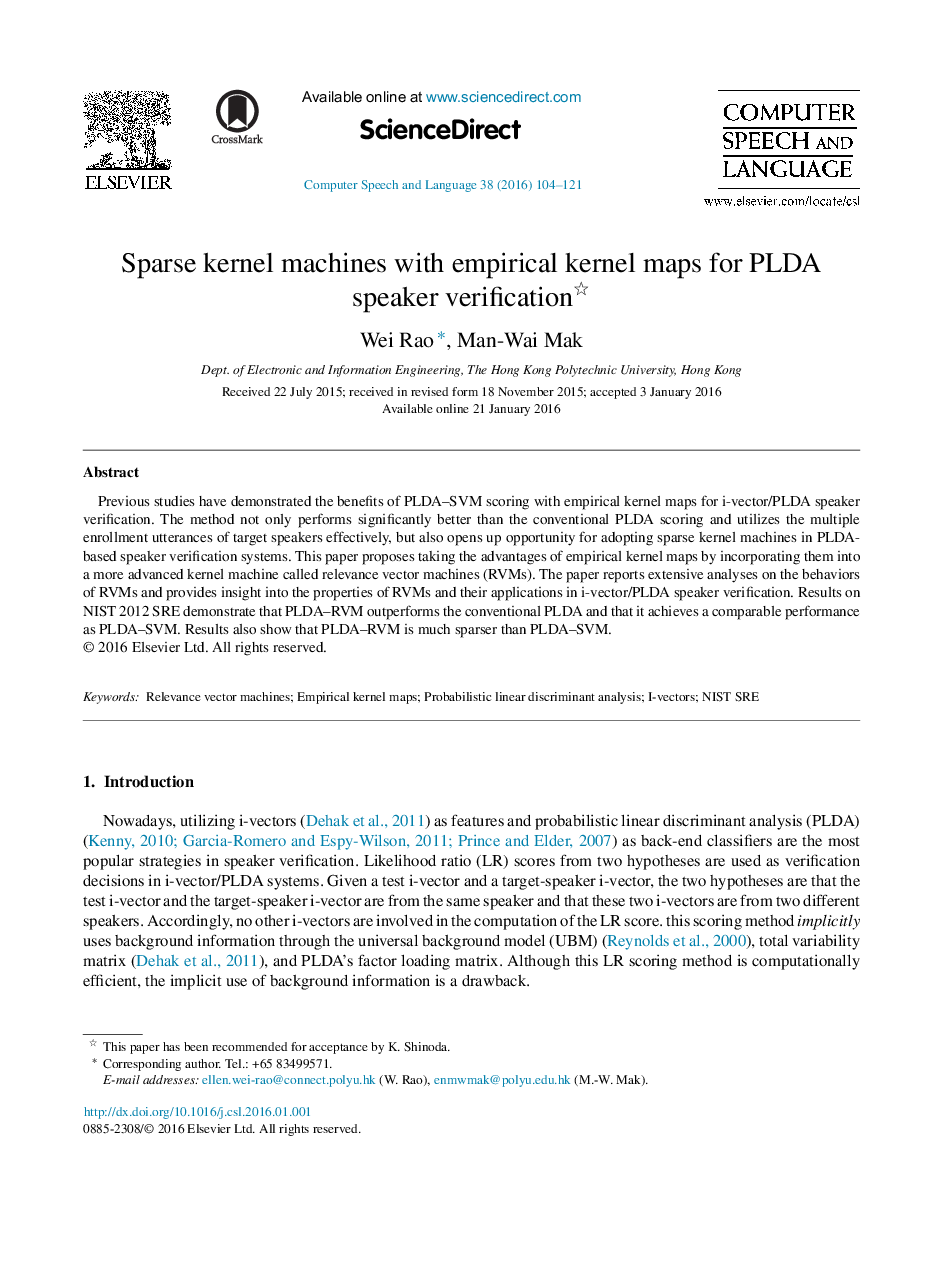 Sparse kernel machines with empirical kernel maps for PLDA speaker verification 