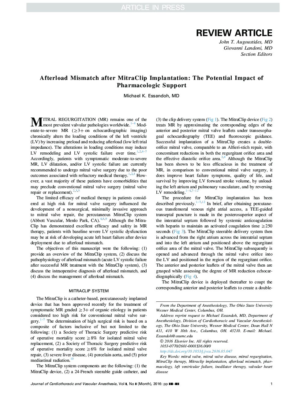 Afterload Mismatch After MitraClip Implantation: The Potential Impact of Pharmacologic Support