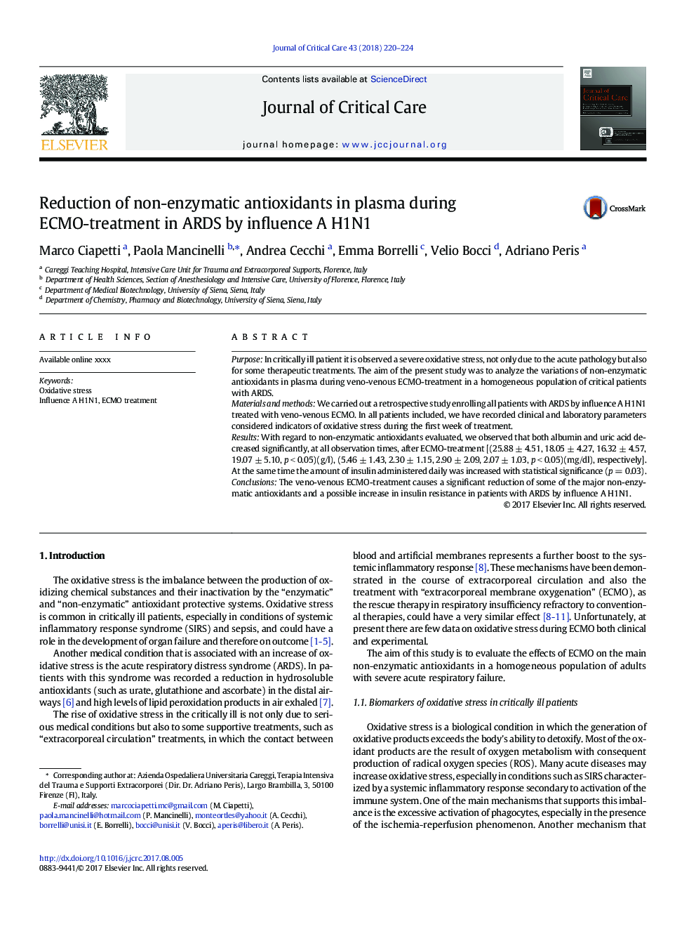 Reduction of non-enzymatic antioxidants in plasma during ECMO-treatment in ARDS by influence A H1N1