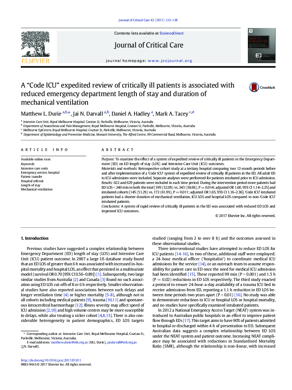 A “Code ICU” expedited review of critically ill patients is associated with reduced emergency department length of stay and duration of mechanical ventilation