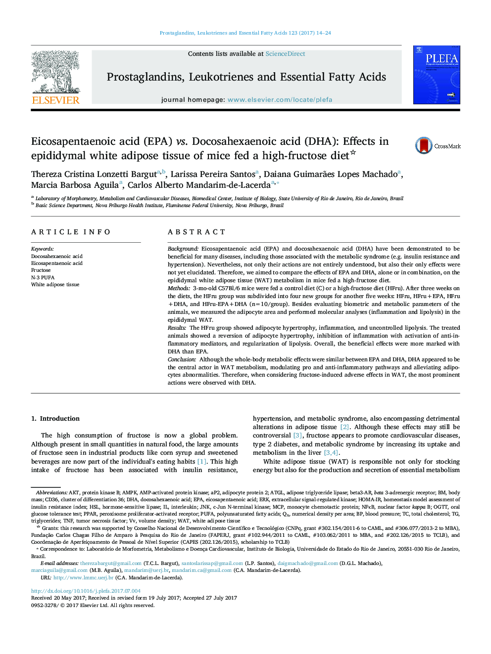 Eicosapentaenoic acid (EPA) vs. Docosahexaenoic acid (DHA): Effects in epididymal white adipose tissue of mice fed a high-fructose diet