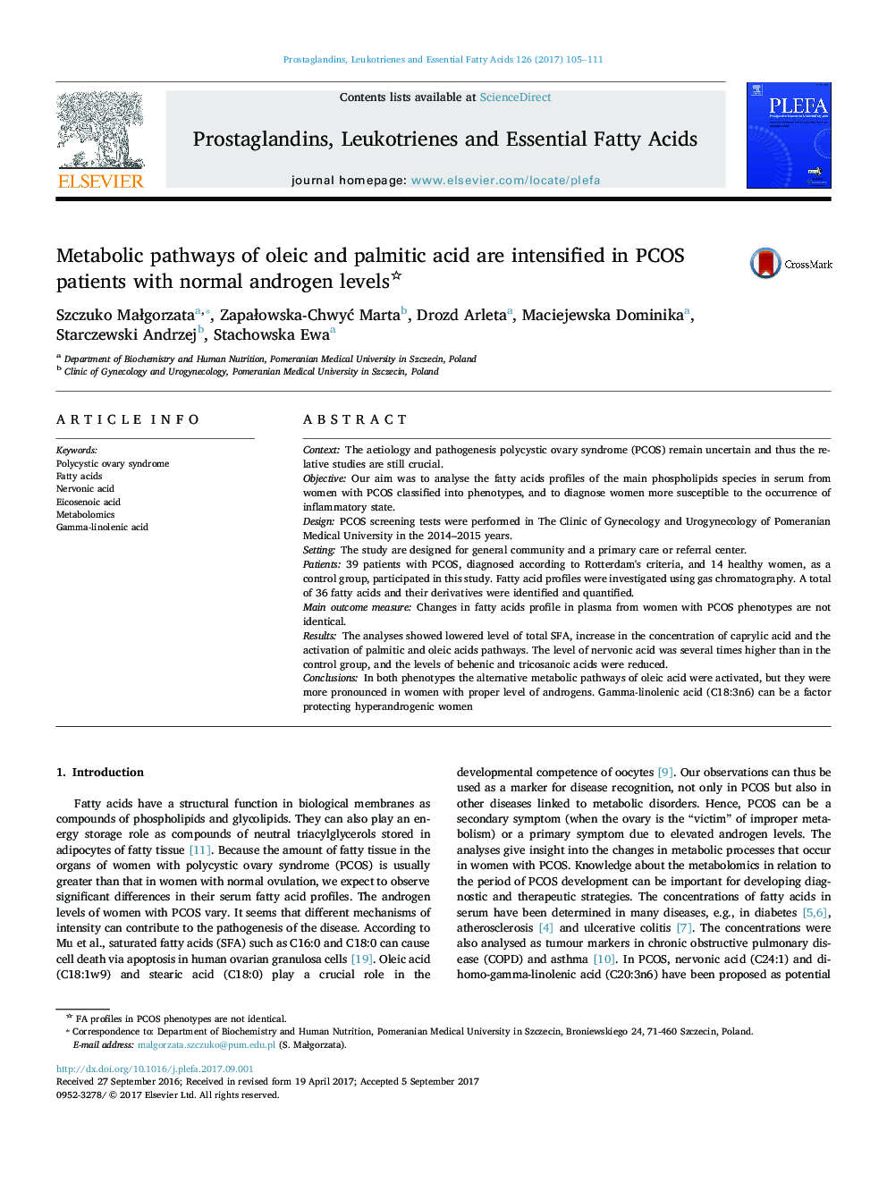 Metabolic pathways of oleic and palmitic acid are intensified in PCOS patients with normal androgen levels