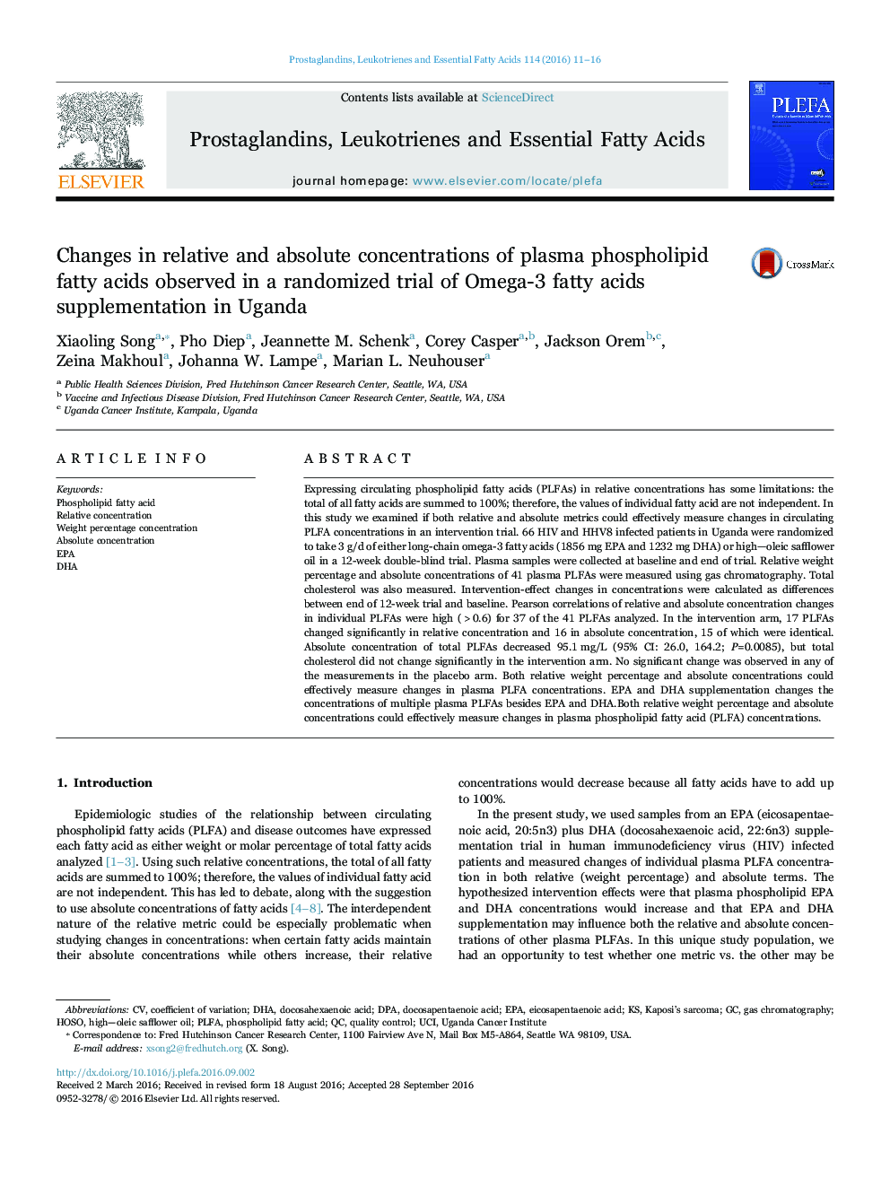 تغییرات غلظت نسبی و مطلق اسیدهای چرب فسفولیپید پلاسما در یک آزمایش تصادفی از مکمل های اسید چرب امگا 3 در اوگاندا 