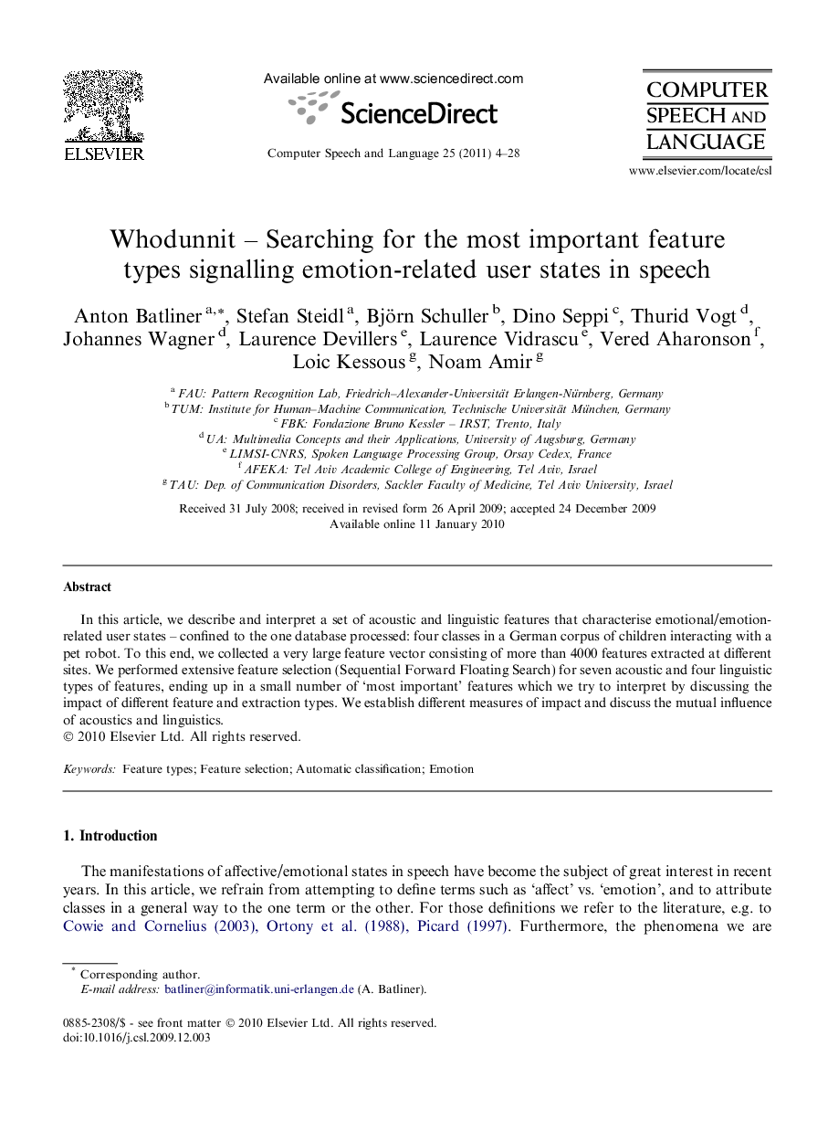 Whodunnit – Searching for the most important feature types signalling emotion-related user states in speech