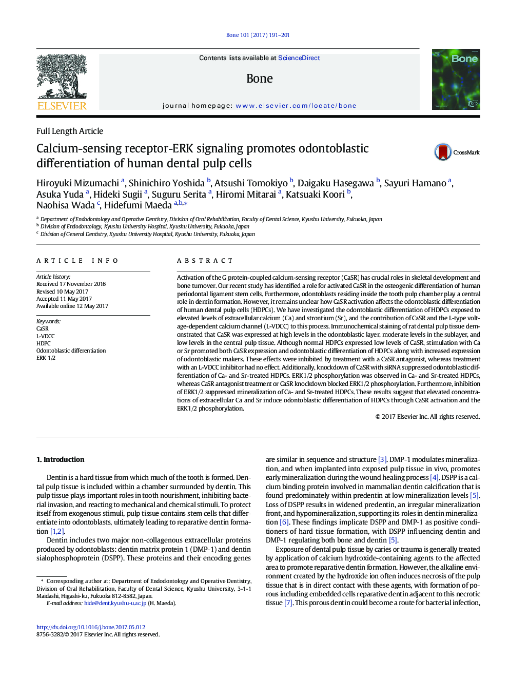 Full Length ArticleCalcium-sensing receptor-ERK signaling promotes odontoblastic differentiation of human dental pulp cells