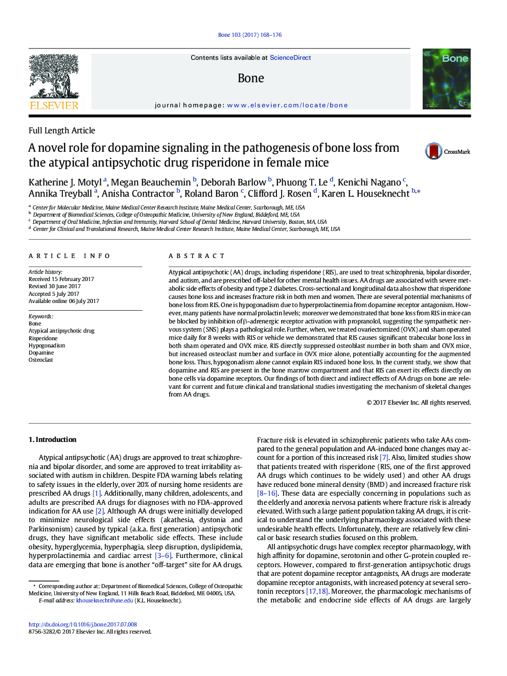 نقش جدیدی برای سیگنالینگ دوپامین در پاتوژنز از دست دادن استخوان از داروهای ضد سایکوتیک آتیپیک ریسپریدون در موش های ماده 