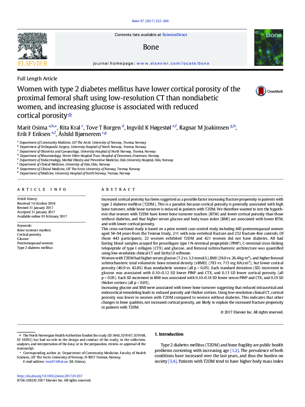 Women with type 2 diabetes mellitus have lower cortical porosity of the proximal femoral shaft using low-resolution CT than nondiabetic women, and increasing glucose is associated with reduced cortical porosity