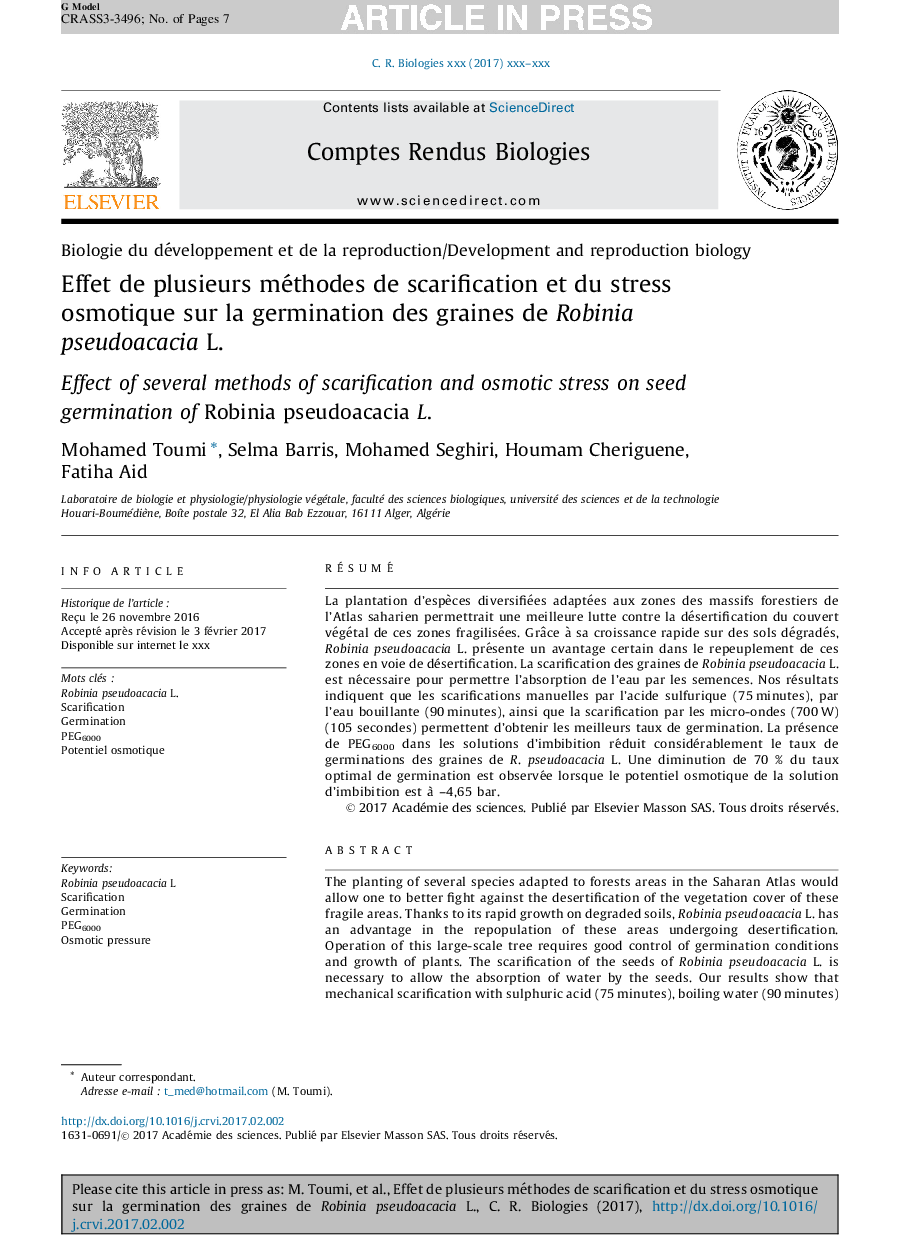 Effet de plusieurs méthodes de scarification et du stress osmotique sur la germination des graines de Robinia pseudoacacia L.