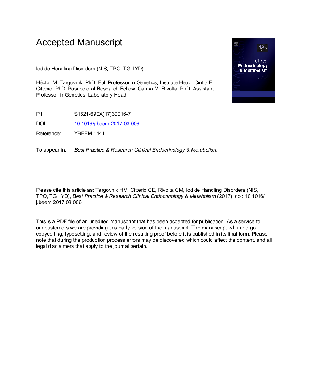 Iodide handling disorders (NIS, TPO, TG, IYD)