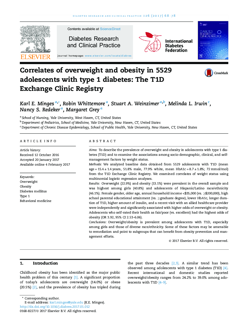 Correlates of overweight and obesity in 5529 adolescents with type 1 diabetes: The T1D Exchange Clinic Registry