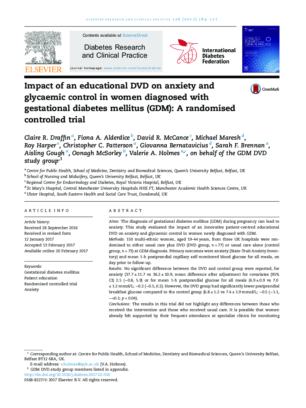 Impact of an educational DVD on anxiety and glycaemic control in women diagnosed with gestational diabetes mellitus (GDM): A randomised controlled trial