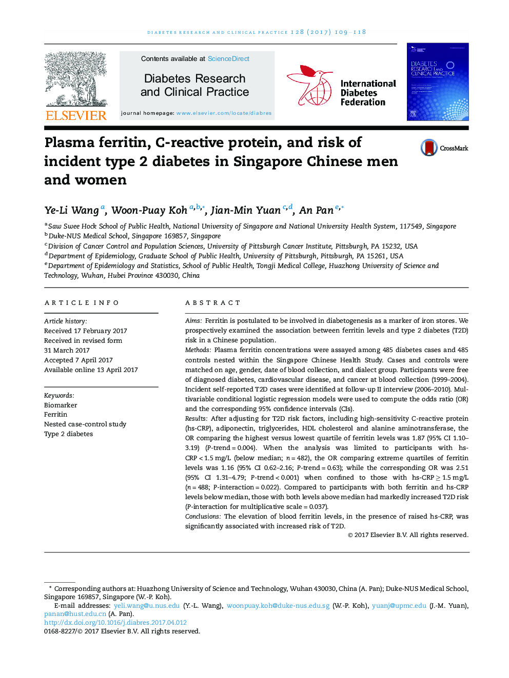 Plasma ferritin, C-reactive protein, and risk of incident type 2 diabetes in Singapore Chinese men and women