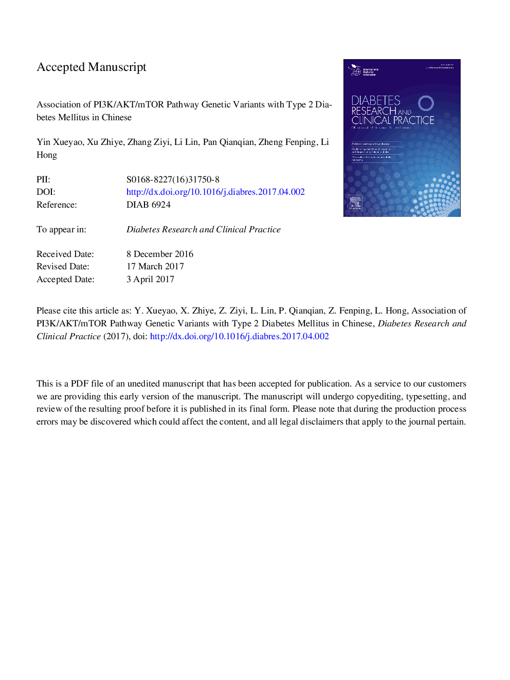 Association of PI3K/AKT/mTOR pathway genetic variants with type 2 diabetes mellitus in Chinese