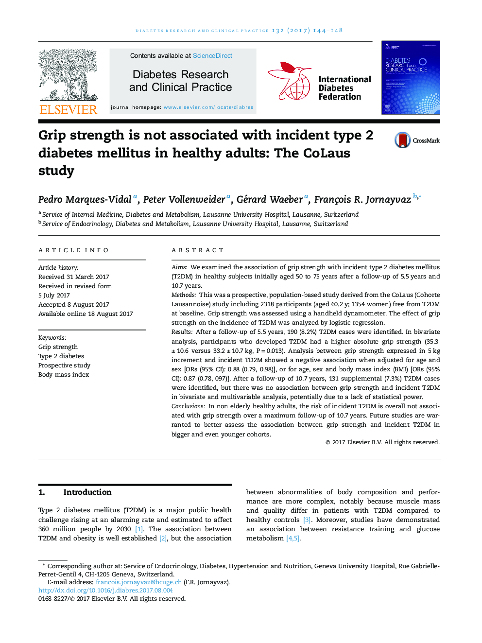 Grip strength is not associated with incident type 2 diabetes mellitus in healthy adults: The CoLaus study