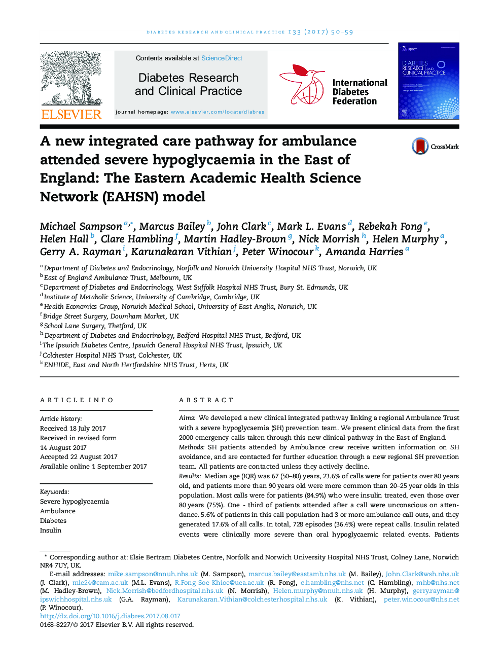 A new integrated care pathway for ambulance attended severe hypoglycaemia in the East of England: The Eastern Academic Health Science Network (EAHSN) model