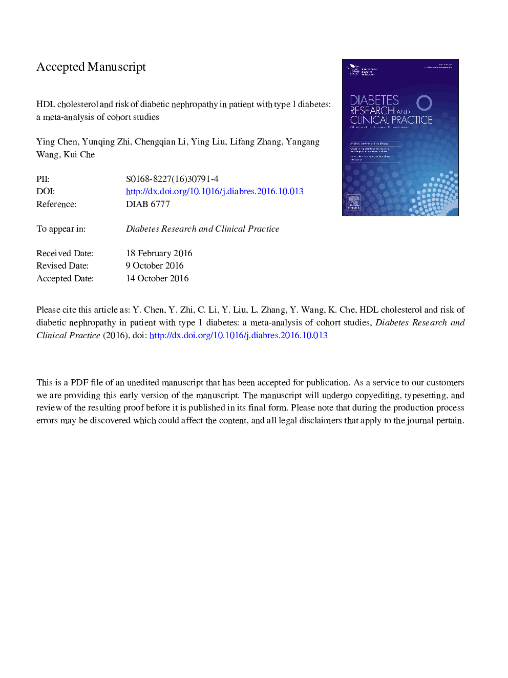 HDL cholesterol and risk of diabetic nephropathy in patient with type 1 diabetes: A meta-analysis of cohort studies