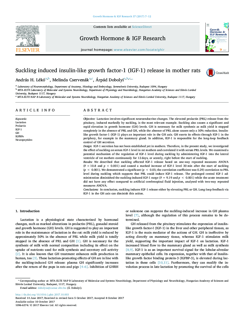 Suckling induced insulin-like growth factor-1 (IGF-1) release in mother rats