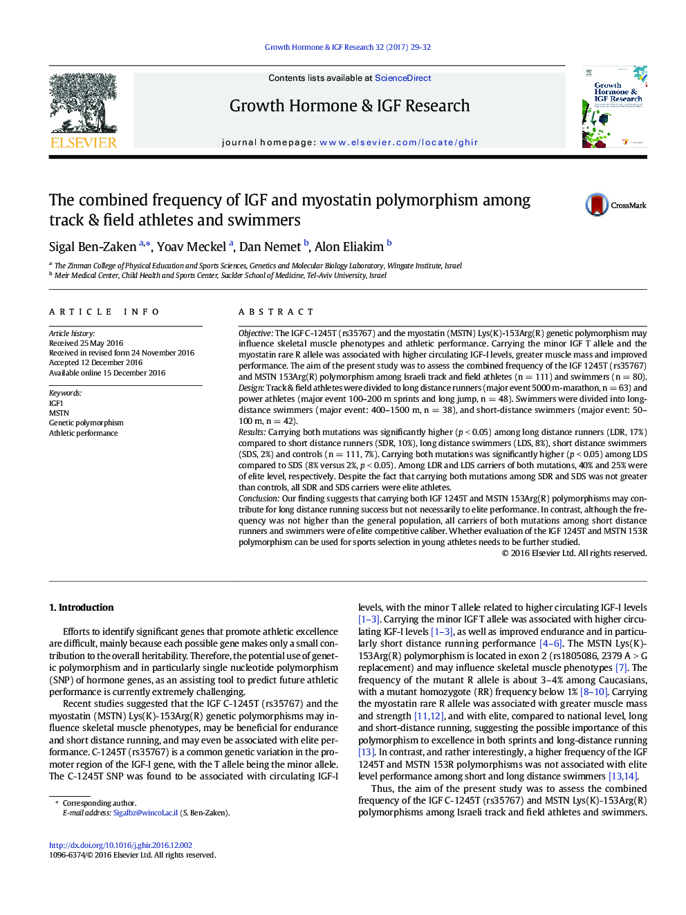 The combined frequency of IGF and myostatin polymorphism among track & field athletes and swimmers