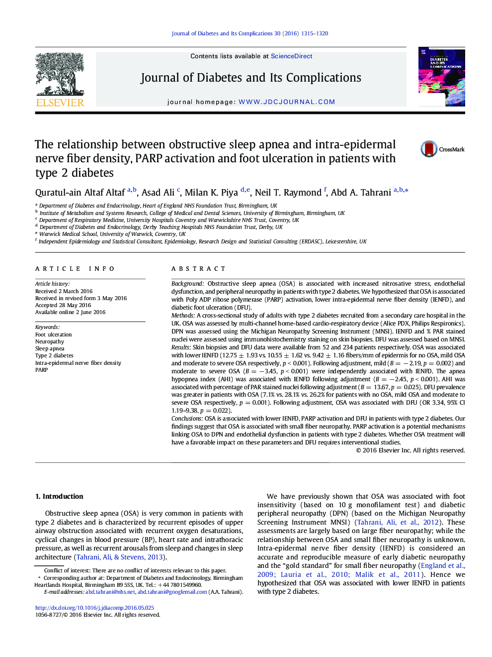 The relationship between obstructive sleep apnea and intra-epidermal nerve fiber density, PARP activation and foot ulceration in patients with type 2 diabetes