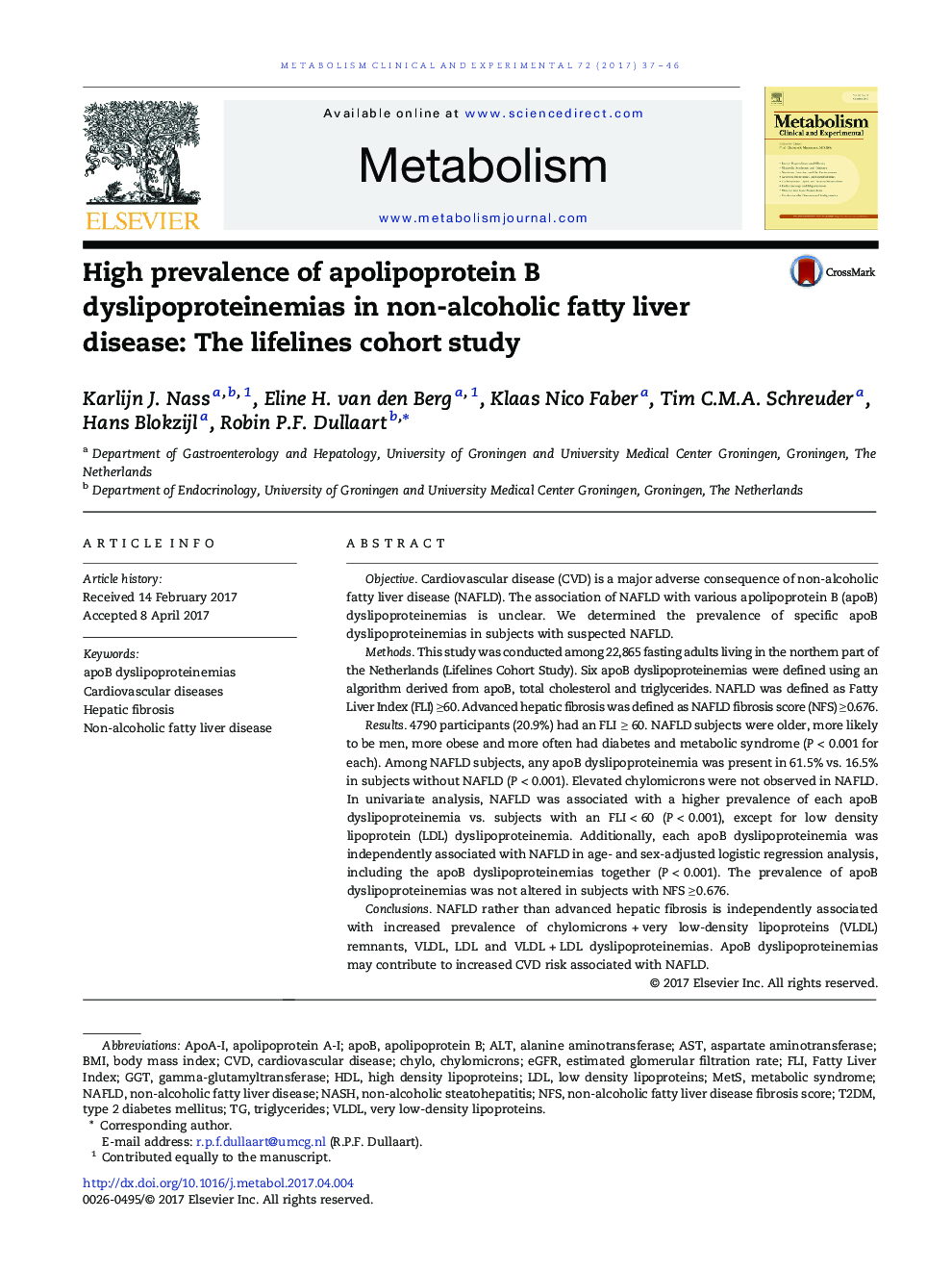 High prevalence of apolipoprotein B dyslipoproteinemias in non-alcoholic fatty liver disease: The lifelines cohort study