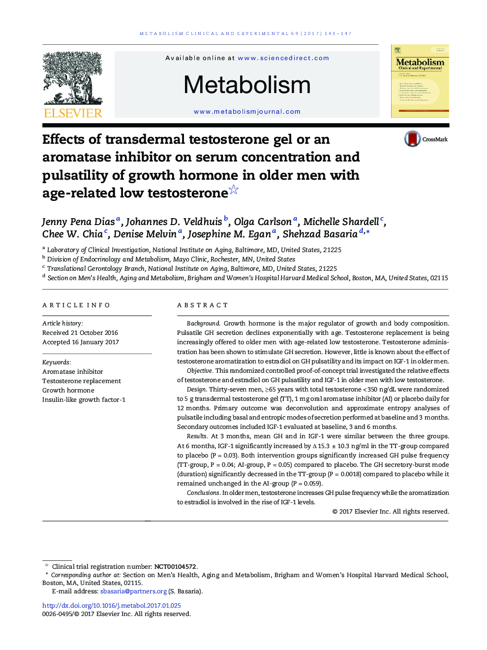 Effects of transdermal testosterone gel or an aromatase inhibitor on serum concentration and pulsatility of growth hormone in older men with age-related low testosterone