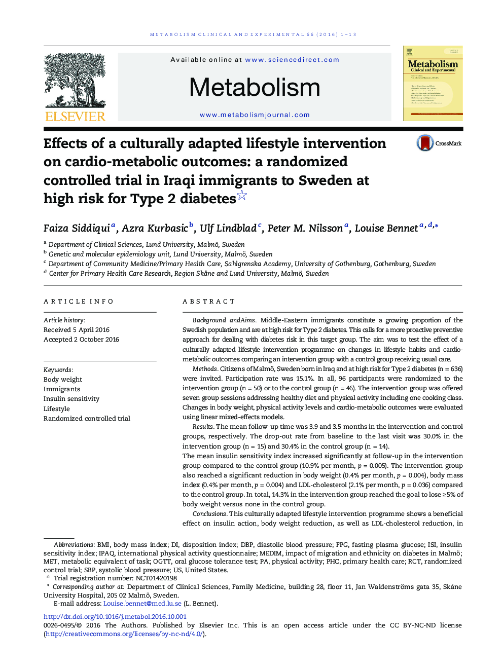تأثیر یک مداخله شیوه زندگی مصنوعی سازگار با فرهنگ بر نتایج قلب و متابولیسم: یک آزمایش تصادفی کنترل شده در مهاجران عراقی به سوئد در معرض خطر بالای دیابت نوع 2 