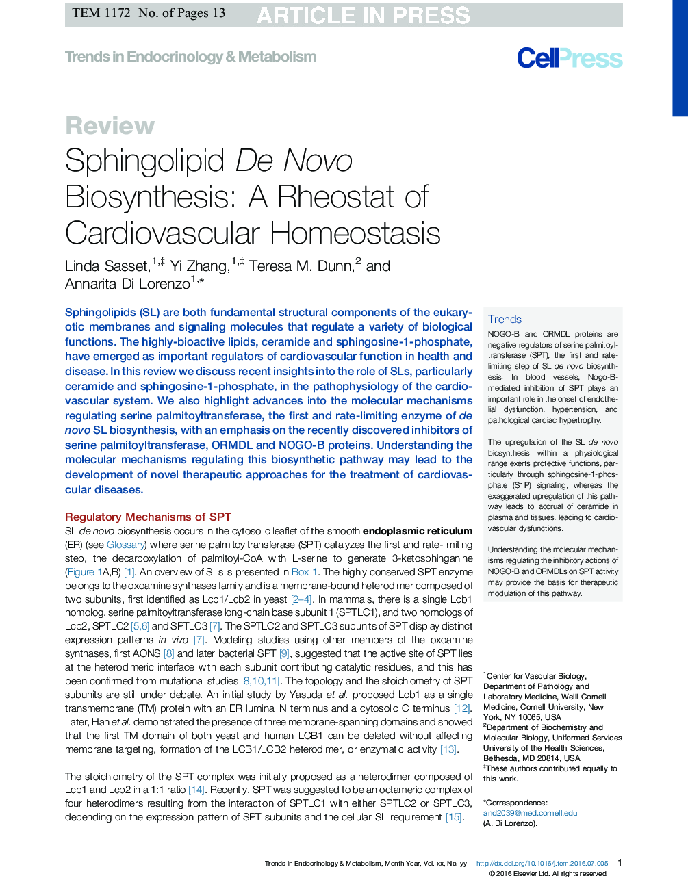 Sphingolipid De Novo Biosynthesis: A Rheostat of Cardiovascular Homeostasis