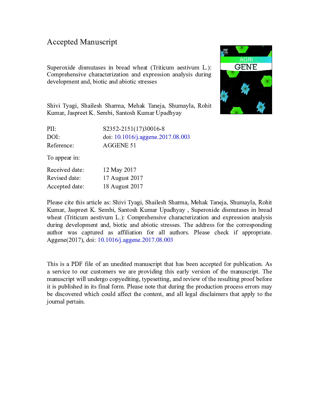 Superoxide dismutases in bread wheat (Triticum aestivum L.): Comprehensive characterization and expression analysis during development and, biotic and abiotic stresses