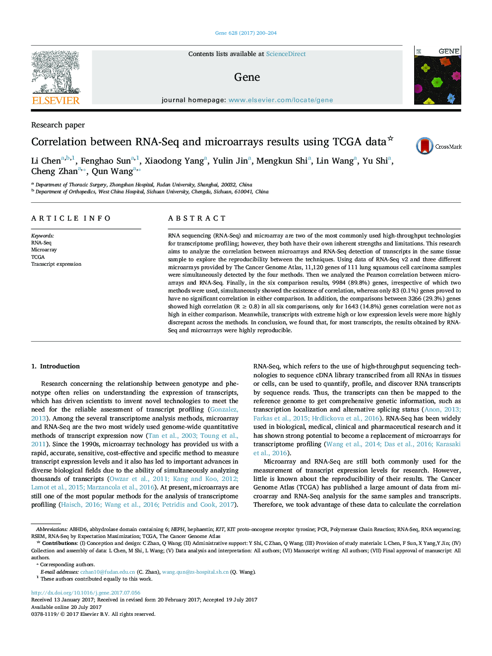 Research paperCorrelation between RNA-Seq and microarrays results using TCGA data