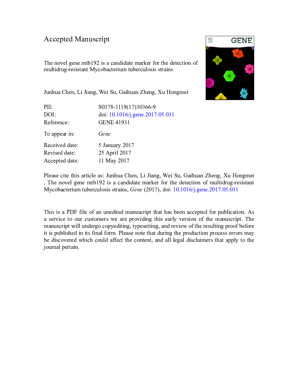 The novel gene mtb192 is a candidate marker for the detection of multidrug-resistant Mycobacterium tuberculosis strains