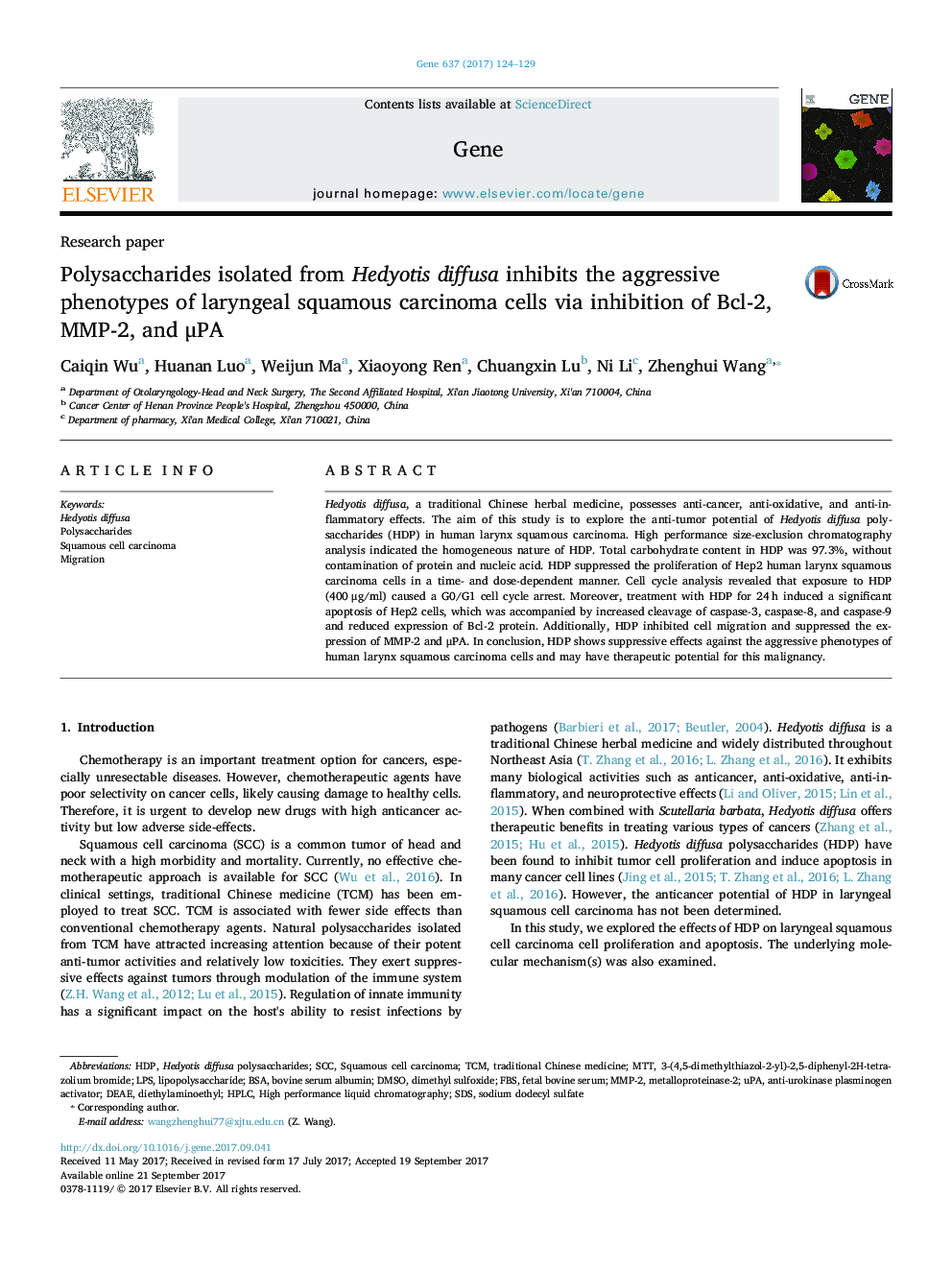 Polysaccharides isolated from Hedyotis diffusa inhibits the aggressive phenotypes of laryngeal squamous carcinoma cells via inhibition of Bcl-2, MMP-2, and Î¼PA