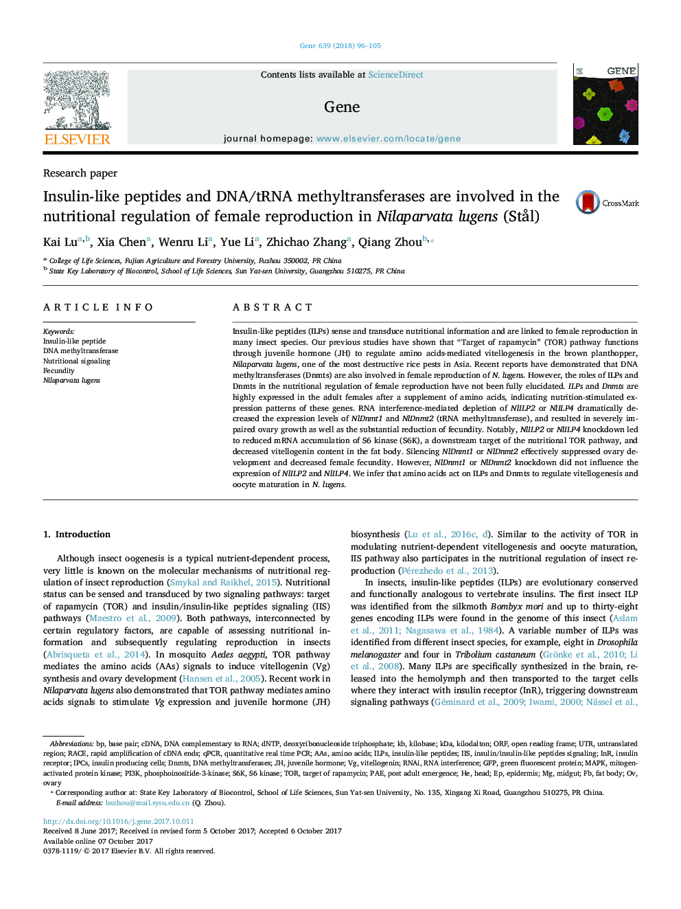 Insulin-like peptides and DNA/tRNA methyltransferases are involved in the nutritional regulation of female reproduction in Nilaparvata lugens (StÃ¥l)