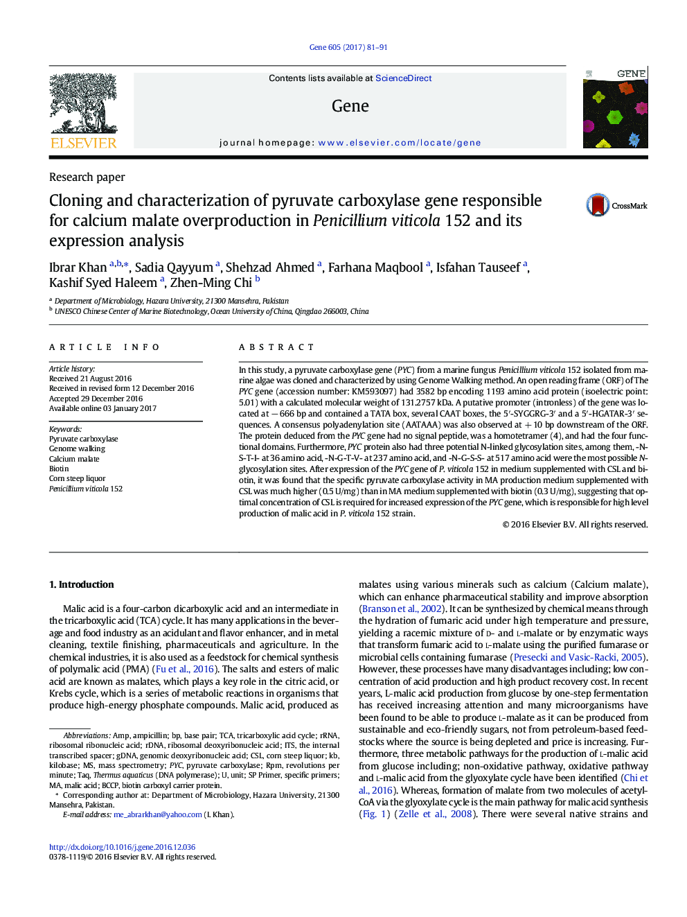 Cloning and characterization of pyruvate carboxylase gene responsible for calcium malate overproduction in Penicillium viticola 152 and its expression analysis