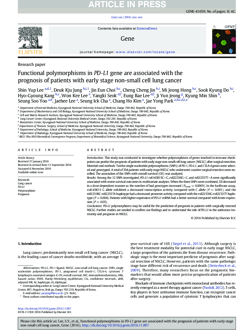 Functional polymorphisms in PD-L1 gene are associated with the prognosis of patients with early stage non-small cell lung cancer