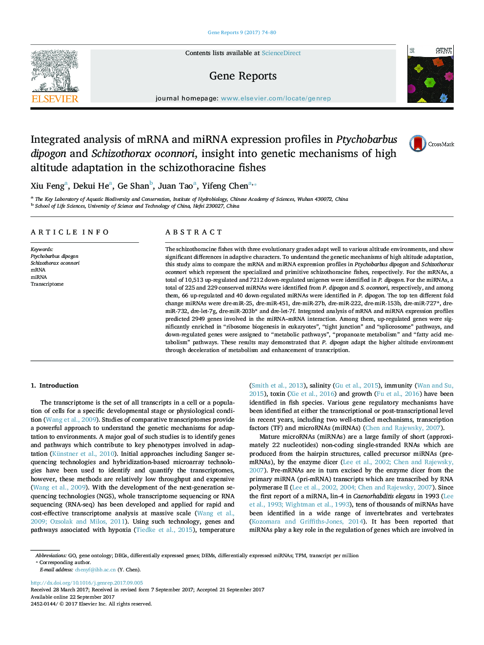 Integrated analysis of mRNA and miRNA expression profiles in Ptychobarbus dipogon and Schizothorax oconnori, insight into genetic mechanisms of high altitude adaptation in the schizothoracine fishes