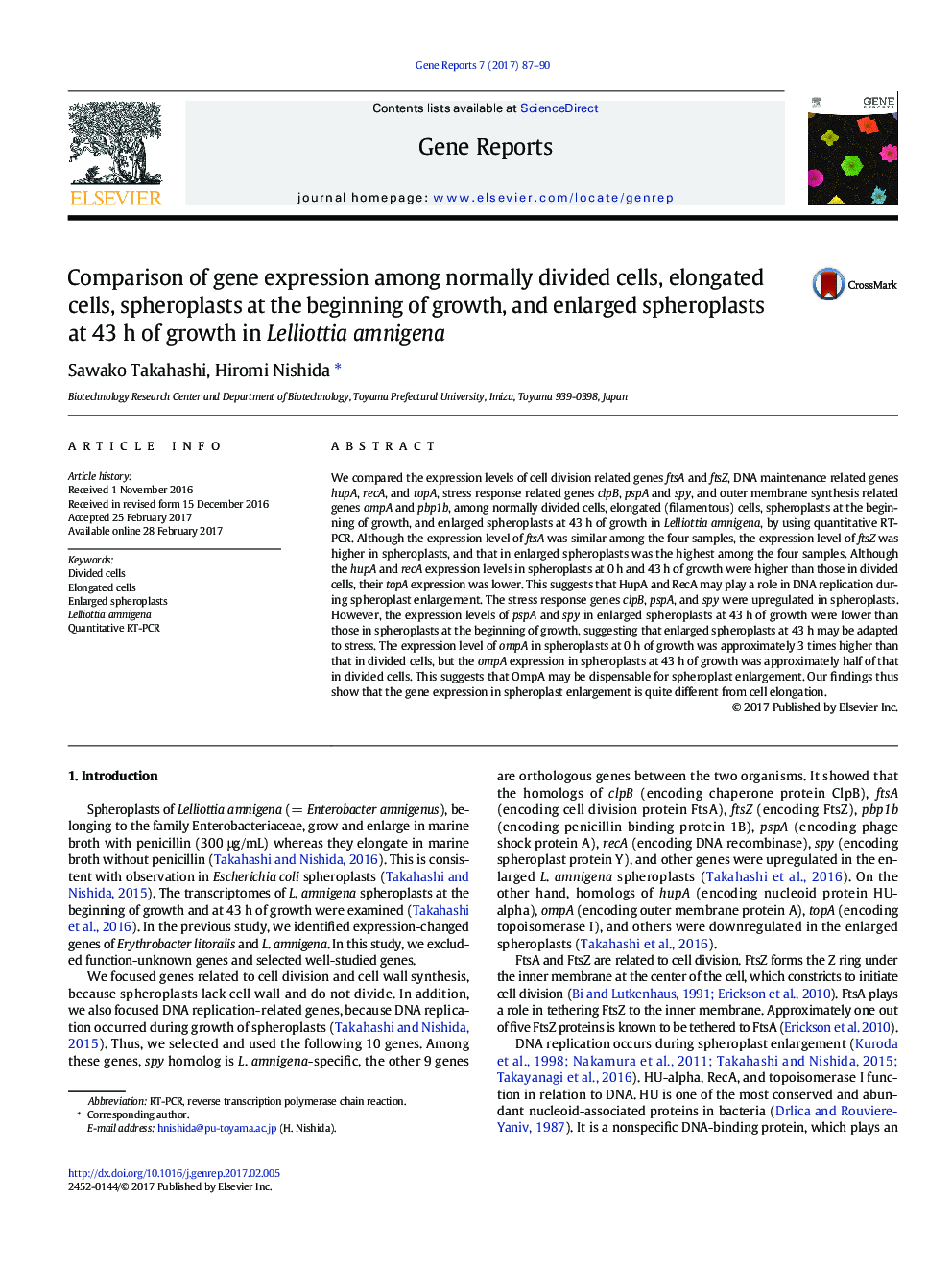Comparison of gene expression among normally divided cells, elongated cells, spheroplasts at the beginning of growth, and enlarged spheroplasts at 43Â h of growth in Lelliottia amnigena