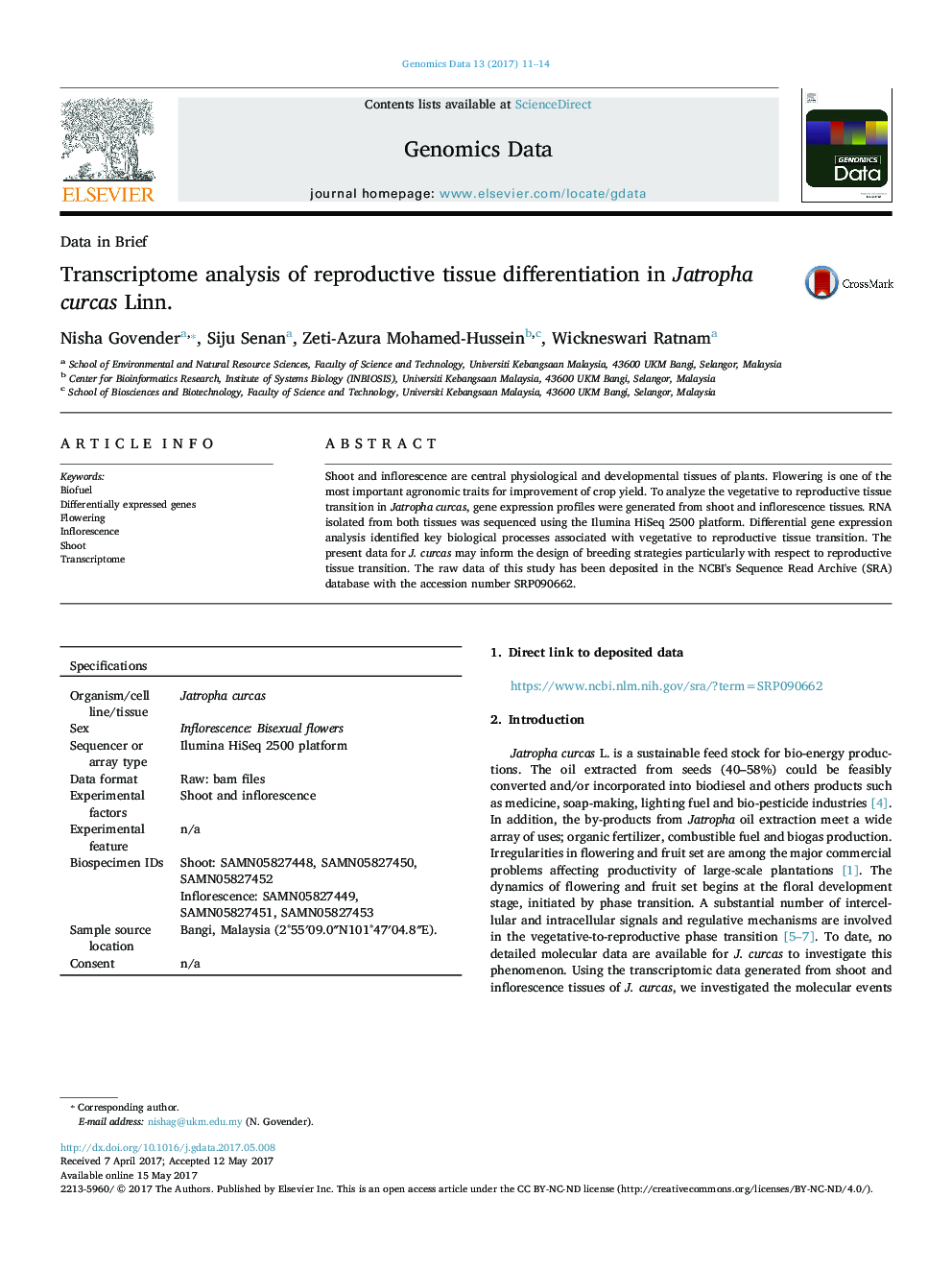 Transcriptome analysis of reproductive tissue differentiation in Jatropha curcas Linn.